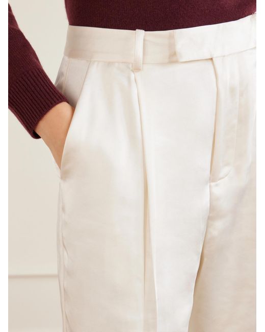 Self-Portrait White Pleated Satin-Finish Tailored Trousers