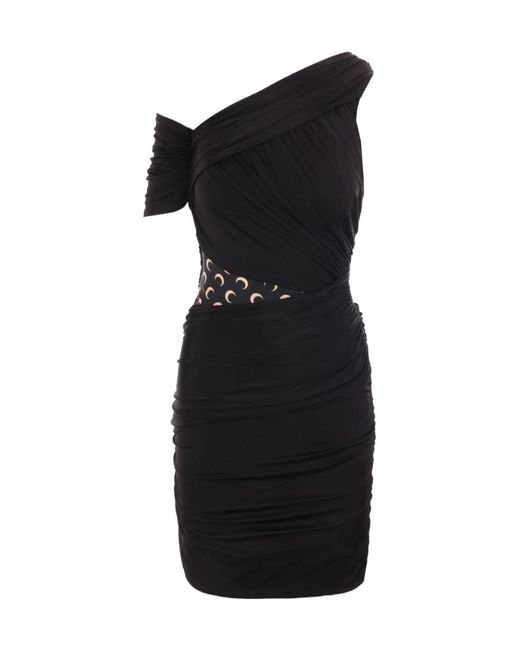 MARINE SERRE Black Crescent Detailed One-Shoulder Dress
