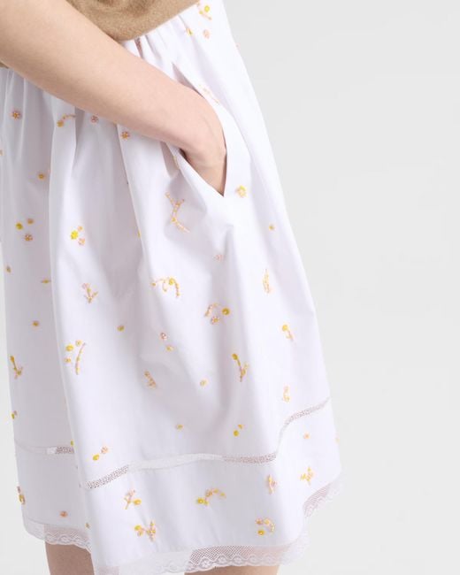 Prada White Embroidered Poplin Midi Skirt