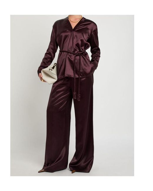 Tory Burch Purple Pintuck Wide-Leg Satin Trousers