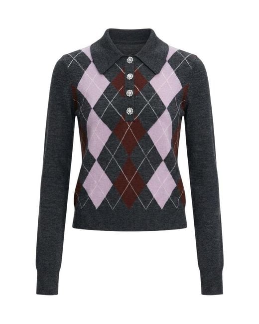Self-Portrait Black Argyle Lightweight Polo Jumper