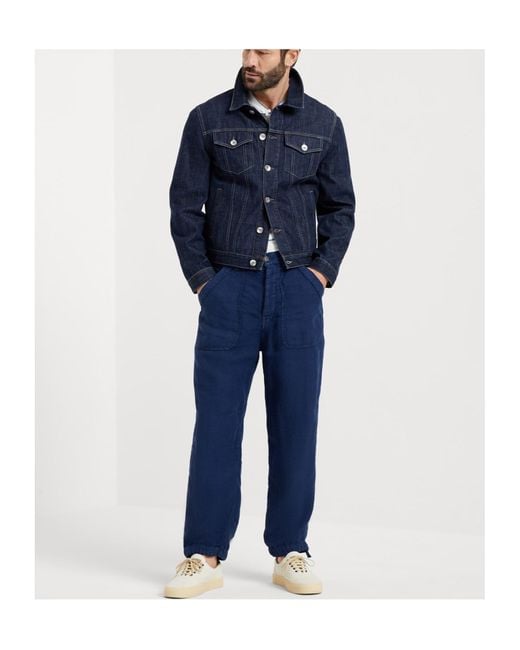 Brunello Cucinelli Blue Dyed Linen Straight-Leg Trousers for men