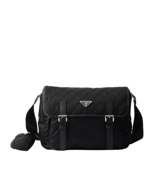 Prada Black Large Quilted Re-Nylon Shoulder Bag With Saffiano Trim