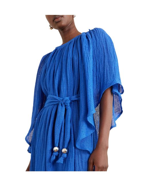 Lisa Marie Fernandez Blue Embellished Belted Crinkled Linen-Blend Gauze Midi Dress