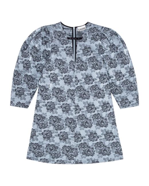 Ganni Blue Dress With Floral Motif