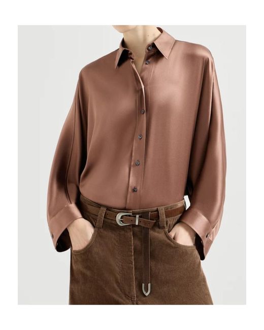 Brunello Cucinelli Brown Stretch Silk Satin Shirt With Monili
