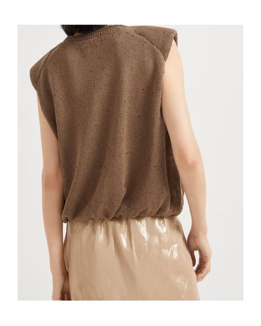 Brunello Cucinelli Brown Sequin-Embellished Knitted Top