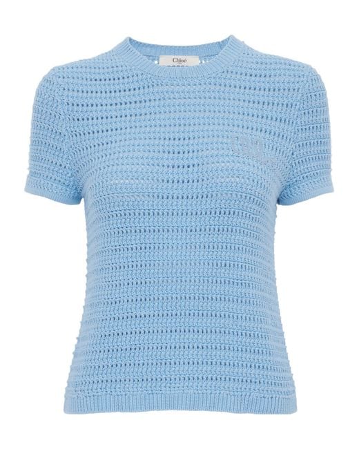Chloé Blue Chloé Short-Sleeved Crochet Knit Top