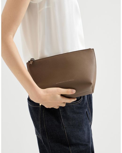 Brunello Cucinelli Brown Grained Calfskin Pouch With Shiny Zipper Pull