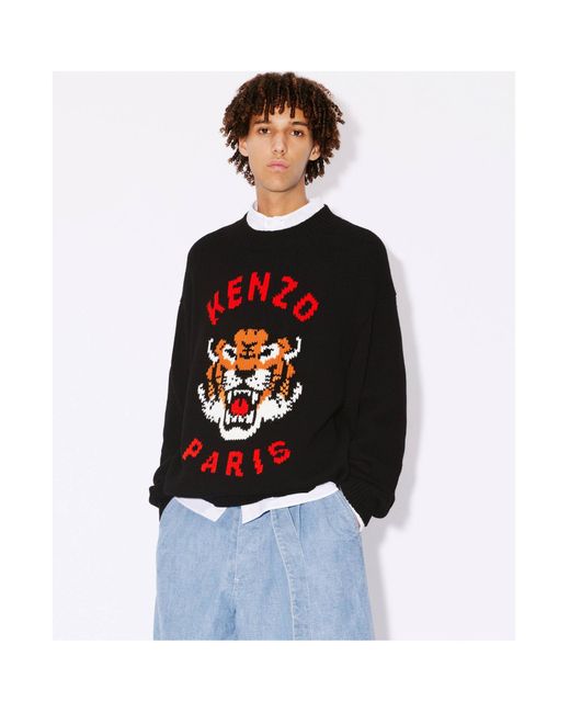 KENZO Black Lucky Tiger Crewneck Knitted Jumper for men