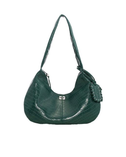 Ganni Green Embossed Zipped Shoulder Bag