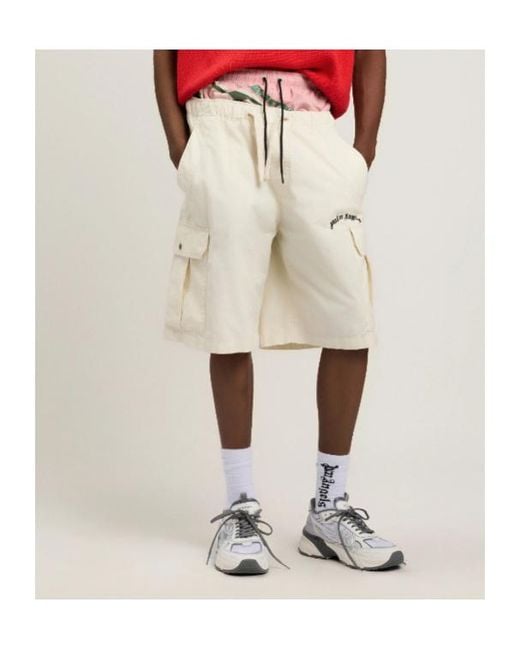 Palm Angels White Curved Logo Loose Cargo Shorts for men