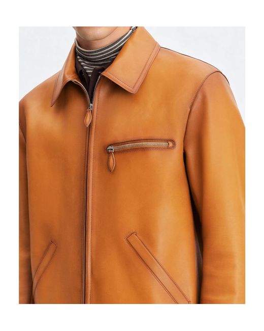 Berluti Orange Distressed Leather Jacket for men