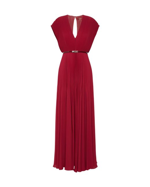 Max Mara Red Belted-Waist Pleated Maxi Dress