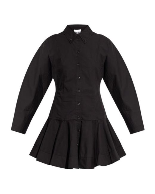 Ganni Black Ruffled Hem Detailed Mini Shirt Dress