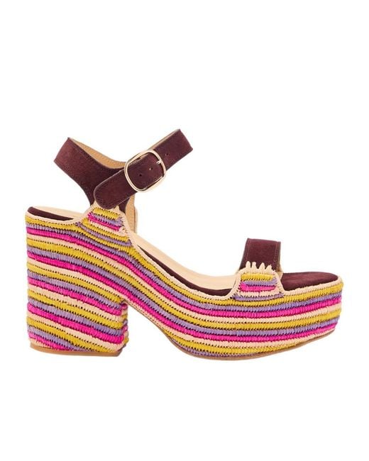 Gabriela Hearst Pink Striped Raffia Platform Sandals