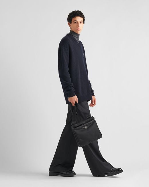 Prada Black Logo Plaque Zipped Messenger Bag for men