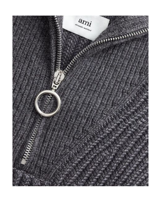 AMI Blue Ami Half-Zipped Knitted Sweater