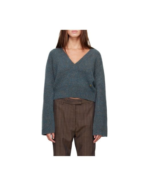 Ganni Blue Ribbed V-Neck Knitted Sweater
