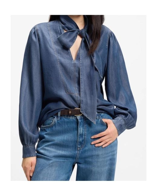 Boss Blue Denim-Look Blouse With Scarf Detail