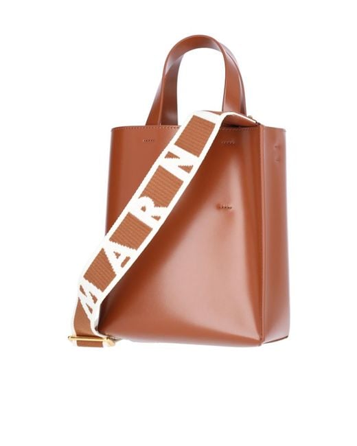 Marni Brown Museo Logo Printed Mini Tote Bag