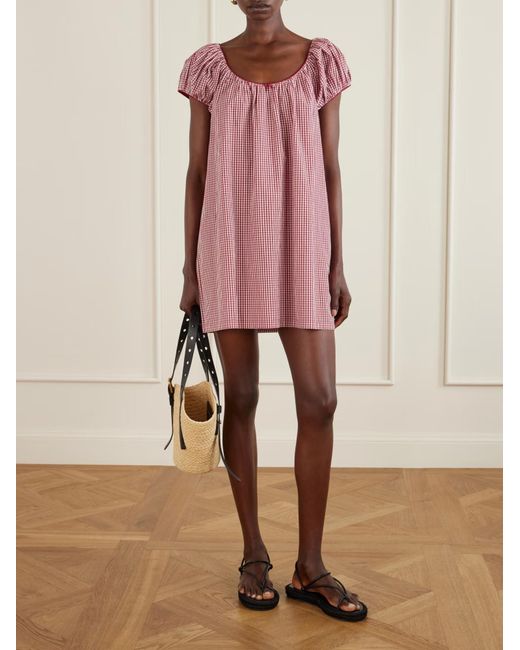 Doen Pink Julia Gathered Checked Organic Cotton Midi Dress
