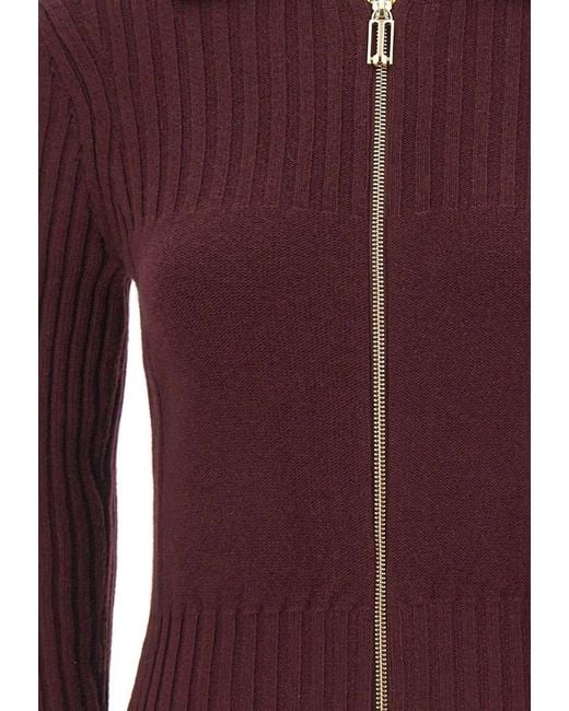Victoria Beckham Purple Zip-Up Ribbed Cardigan
