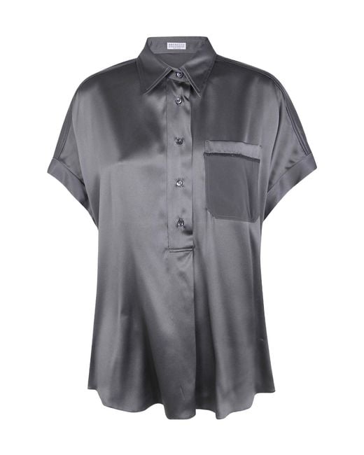 Brunello Cucinelli Gray Collared Short-Sleeved Shirt