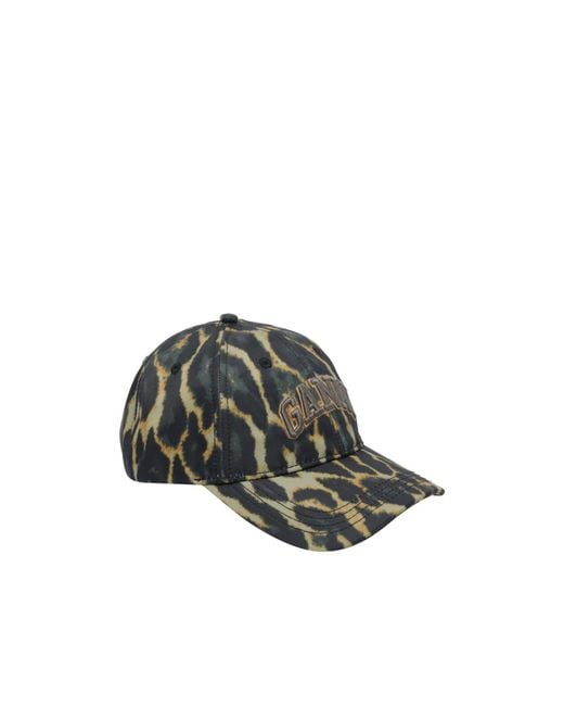 Ganni Green Leopard Printed Logo Embroidered Baseball Cap