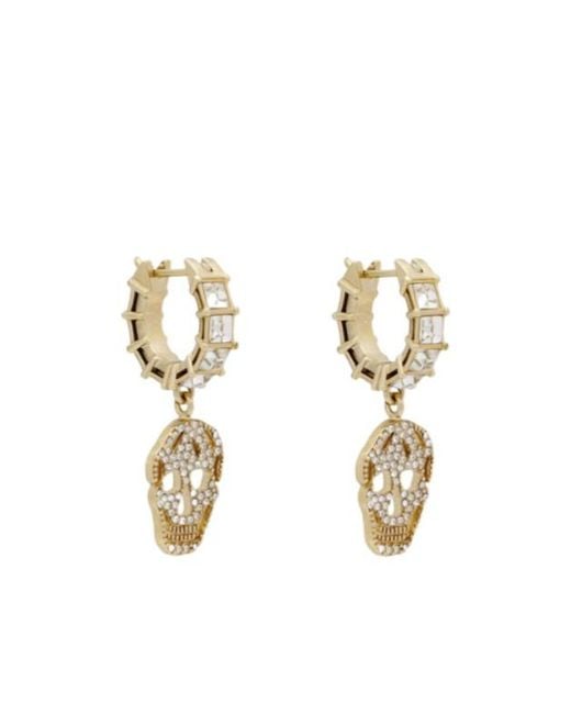 McQueen Metallic Crystal Skull Hoop Earrings