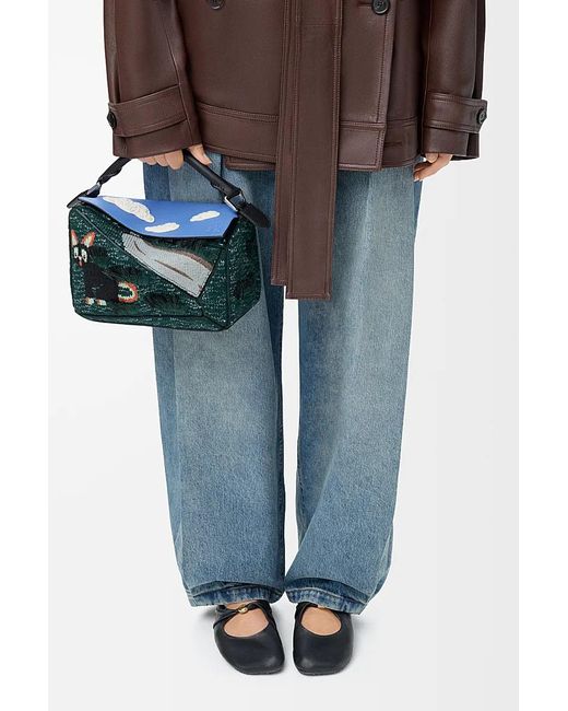 Loewe Blue Petit Sac Puzzle Futurist Cat En Maille Brodée Et Cuir De Veau