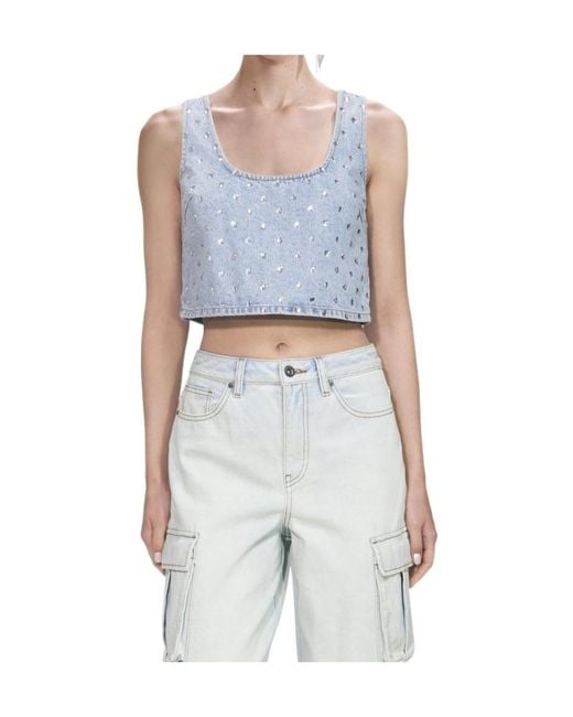 Self-Portrait Blue Rhinestone-Embellished Denim Top
