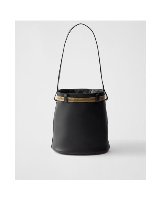 Prada Black Buckle Leather Bucket Bag With Jeweled Belt