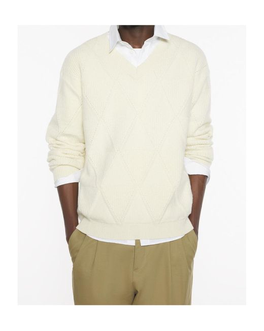 Maison Kitsuné Natural Textured Wool Argyle Jumper for men