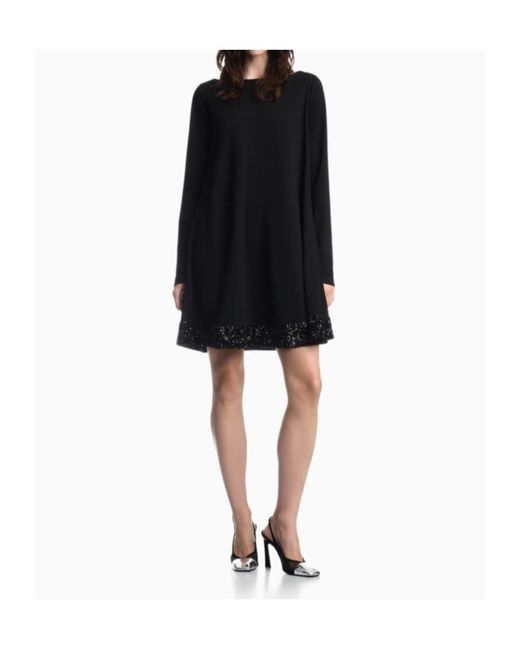 Emporio Armani Black Short A-Line Dress With Boat Neck And Sequin Trim