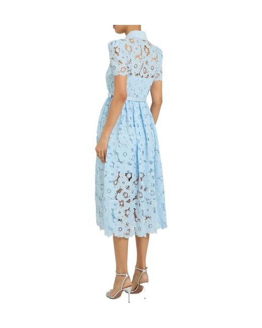 Self-Portrait Blue Belted Guipure-Lace Midi Shirt Dress