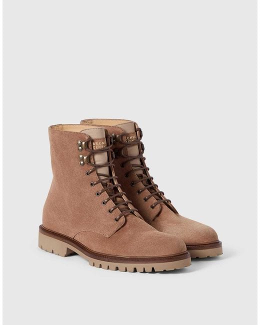 Brunello Cucinelli Brown Lace-Up Suede Ankle Boots for men