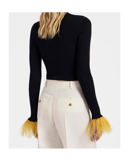 LaDoubleJ Black Feather-Cuff Ribbed-Knit Jumper