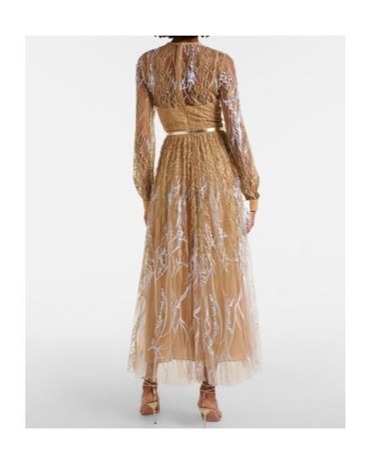 Elie Saab Natural Embroidered Tulle Midi Dress