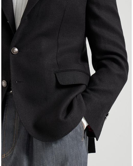 Brunello Cucinelli Black Silk, Linen And Wool Hopsack Deconstructed Blazer With Metal Buttons for men