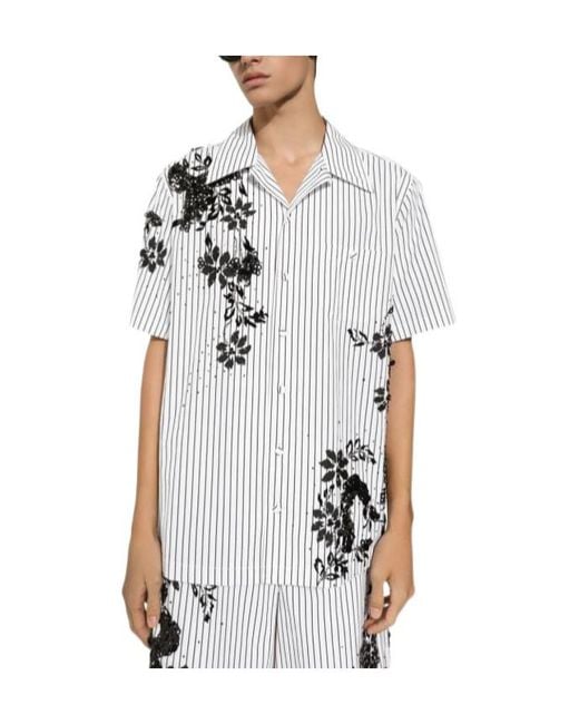 Dolce & Gabbana White Striped Poplin Hawaiian Shirt With Embroidery for men