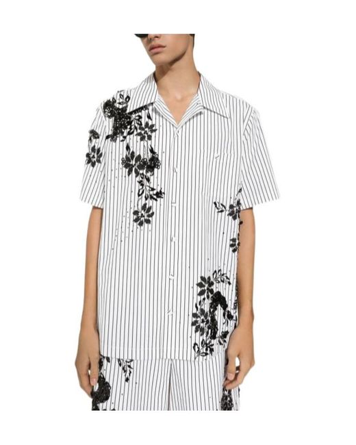 Dolce & Gabbana White Striped Poplin Hawaiian Shirt With Embroidery for men
