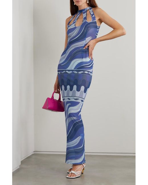 Emilio Pucci Blue Pucci Swirl-Printed Cut-Out Halterneck Dress