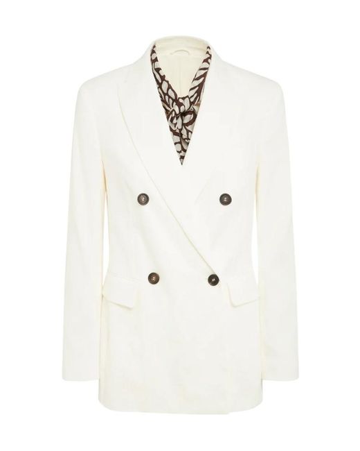 Brunello Cucinelli White Double-Breasted Woven Blazer