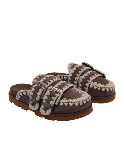 Mou Brown Stitch Detail Buckle Mules