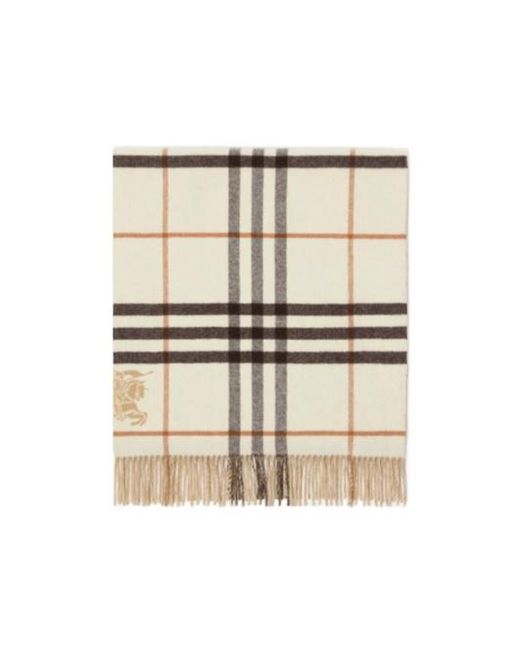 Burberry Natural Wide Reversible Checked Fringed Scarf