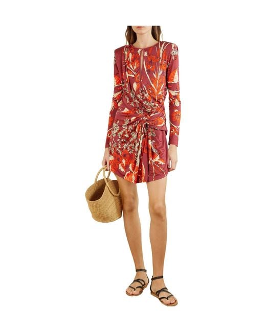 Johanna Ortiz Red Open-Back Draped Printed Jersey Mini Dress