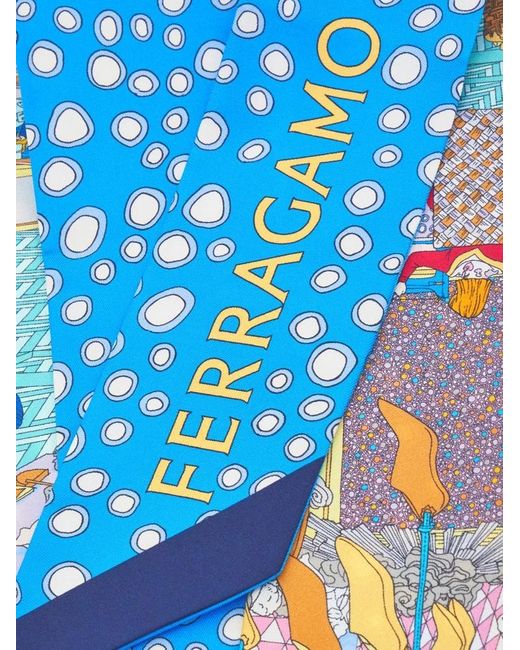 Ferragamo Blue Ferragamo Pattern-Printed Pointed Tip Bandeau Scarf