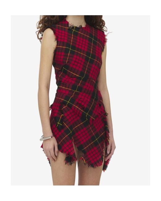 McQueen Red Fray-Detailed Sleeveless Mini Dress