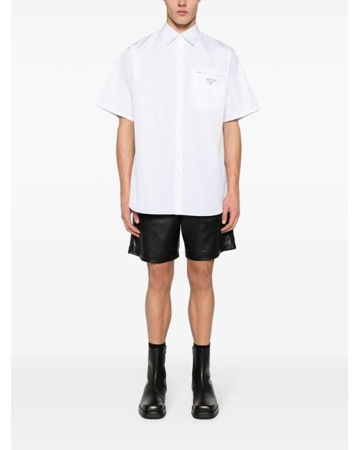 Prada White Triangle Enamel Logo Buttoned Shirt for men